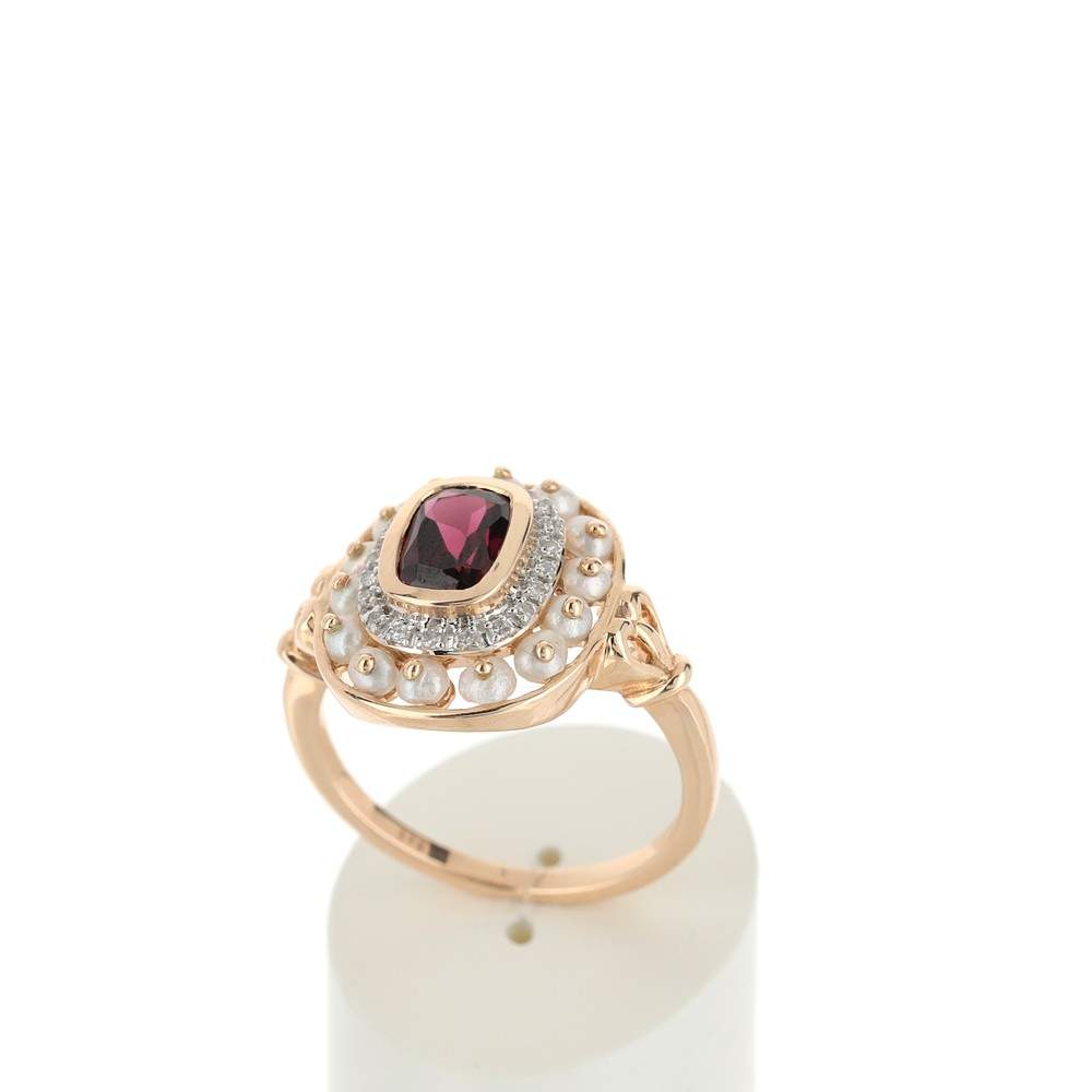 Bague or 375 rose 2 tons perles de culture de Chine grenat et diamants - vue 2