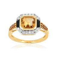 Bague or 375 jaune 2 tons citrine et diamant et laque
