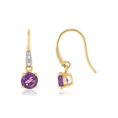 Boucles d'oreilles or jaune 375 pendants amethystes et diamants