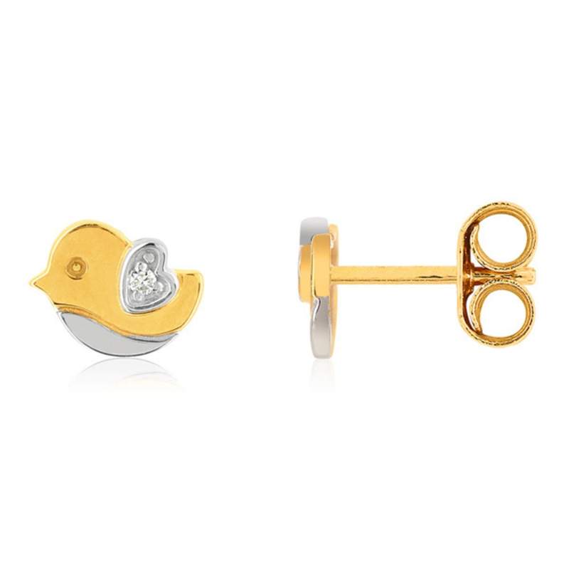 Boucles d'oreilles or 375 2 tons oiseaux diamants - vue 1
