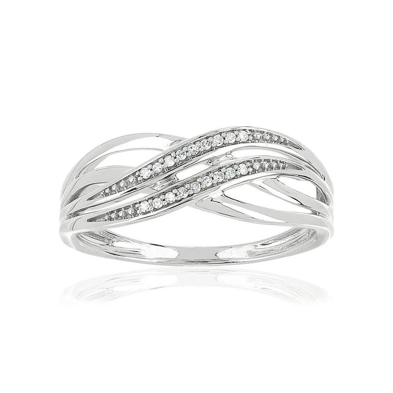 Bague or 375 blanc anneaux croisés diamants - vue 1