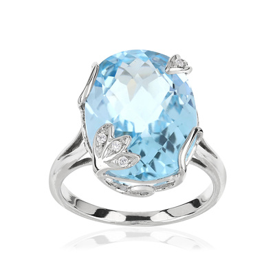 Bague or 375 blanc topaze bleue traitée ovale et diamants - vue 1