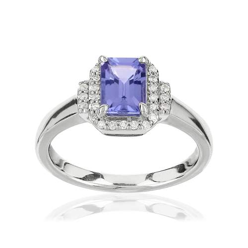 Bague or 375 blanc tanzanite rectangulaire et diamants