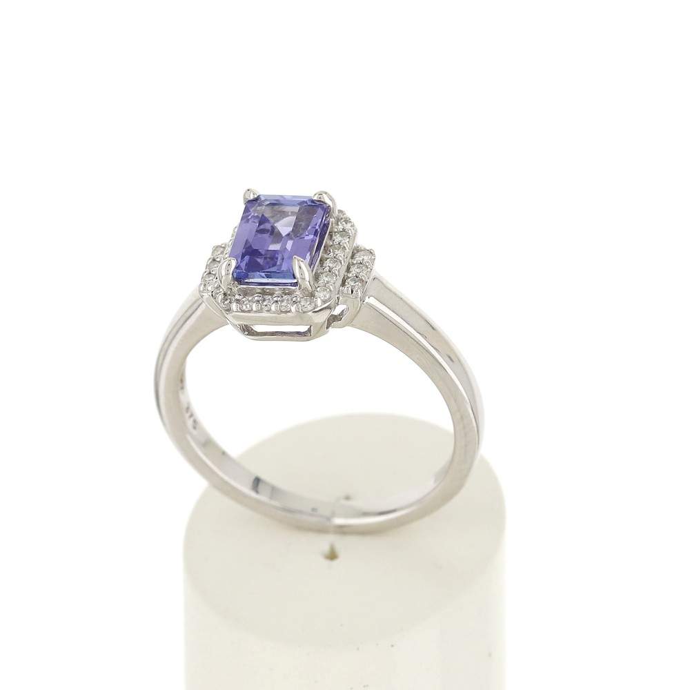 Bague or 375 blanc tanzanite rectangulaire et diamants - vue 2