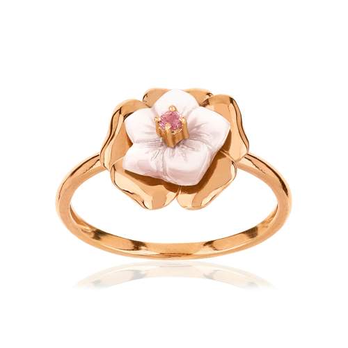 Bague or 375 rose fleur nacre et grenat rhodolite
