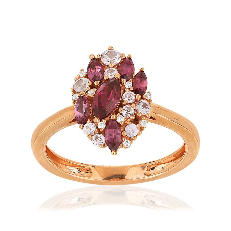 Bague or 375 rose marquise grenats et diamants - vue 1