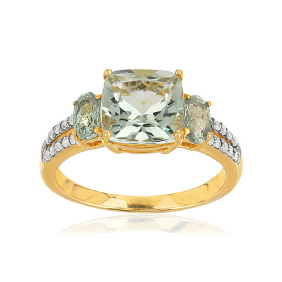 375 gouden ring met vierkante kwarts, ovale saffieren en diamanten