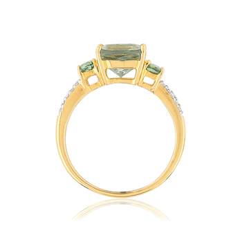 Gold ring 375 square quartz, oval sapphires and diamonds