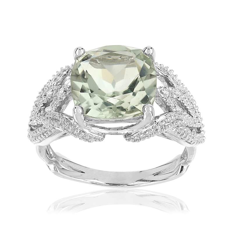 Bague or 375 blanc quartz vert et diamants - vue 1