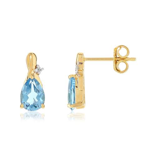 Boucles d'oreilles or jaune 375 topazes traitées Swiss blue taille poire et diamants