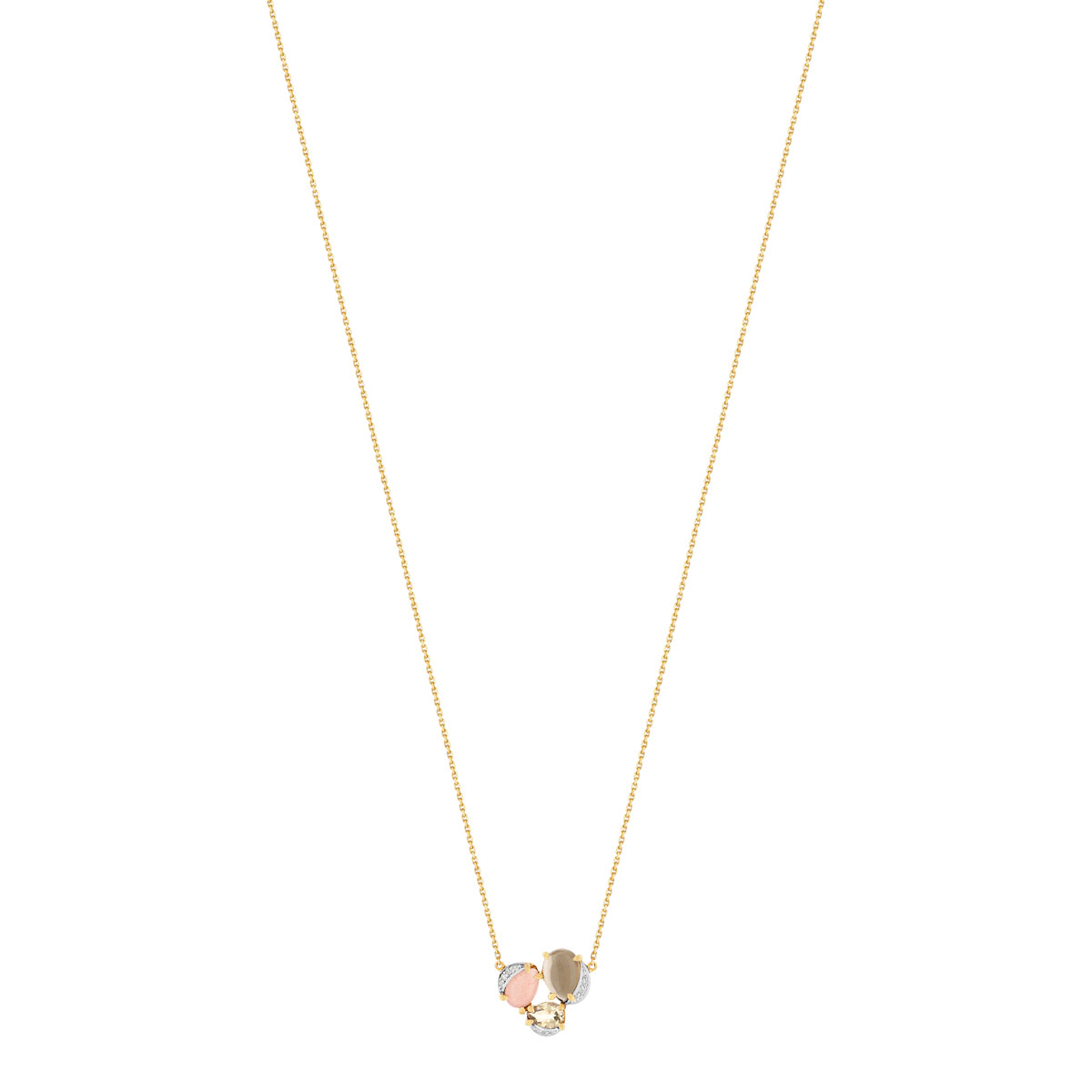 Collier or 375 2 tons quartz, pierre de lune, topaze zirconias