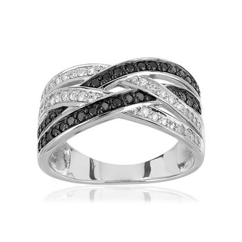 Bague or 375 blanc anneaux entrelacés diamants noirs et blancs