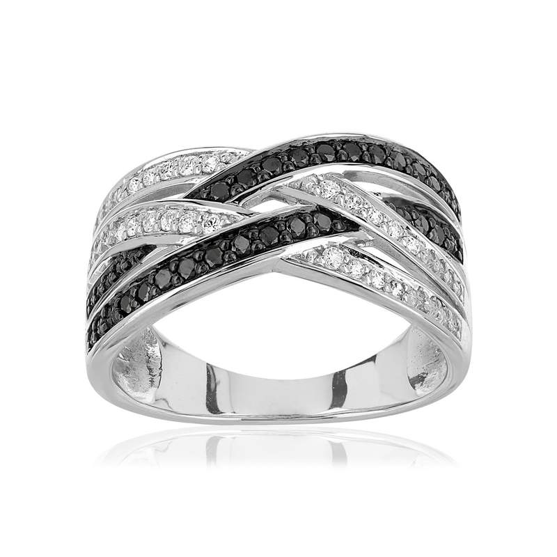 Bague or 375 blanc anneaux entrelacés diamants blancs et noirs traités - vue 1
