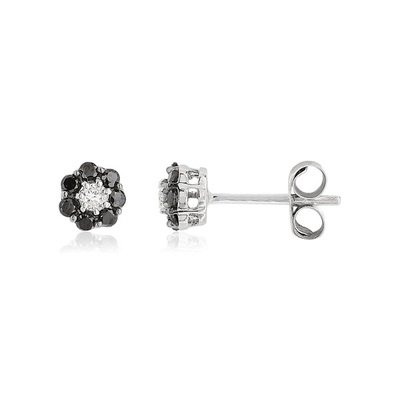 Boucles d'oreilles or blanc 375 fleurs diamants noirs traités - vue 1