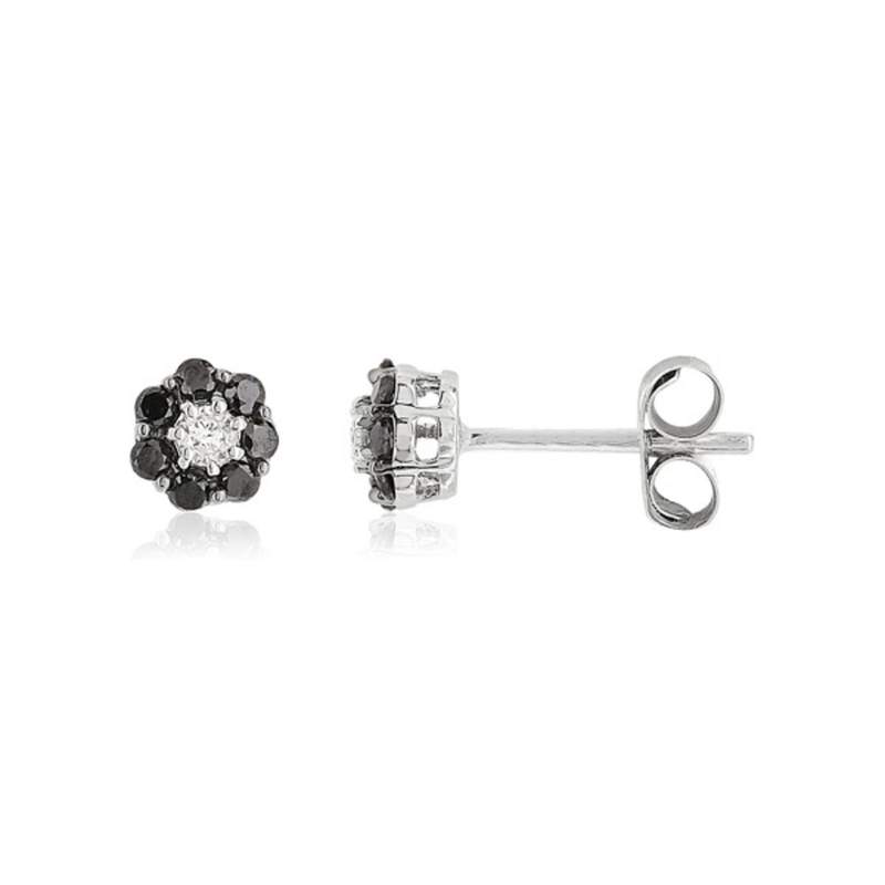 Boucles d'oreilles or blanc 375 fleurs diamants noirs traités - vue 1