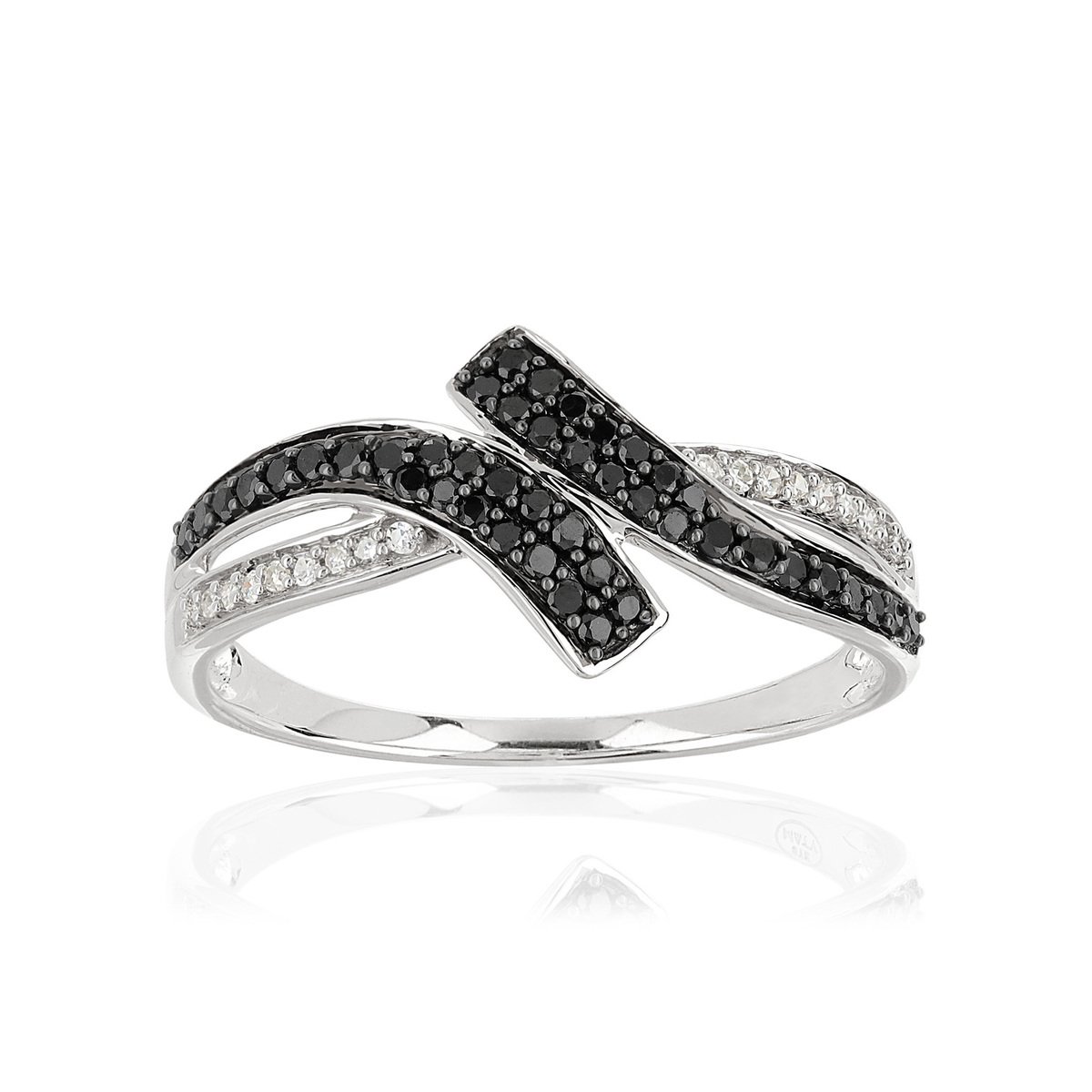 Bague or 375 blanc croisée diamants noirs traités et diamants blancs