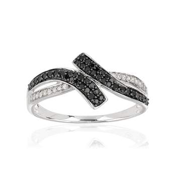 Bague or 375 blanc croisée diamants noirs traités et diamants blancs