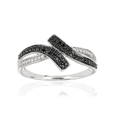 Bague or 375 blanc croisée diamants noirs traités et diamants blancs - vue 1