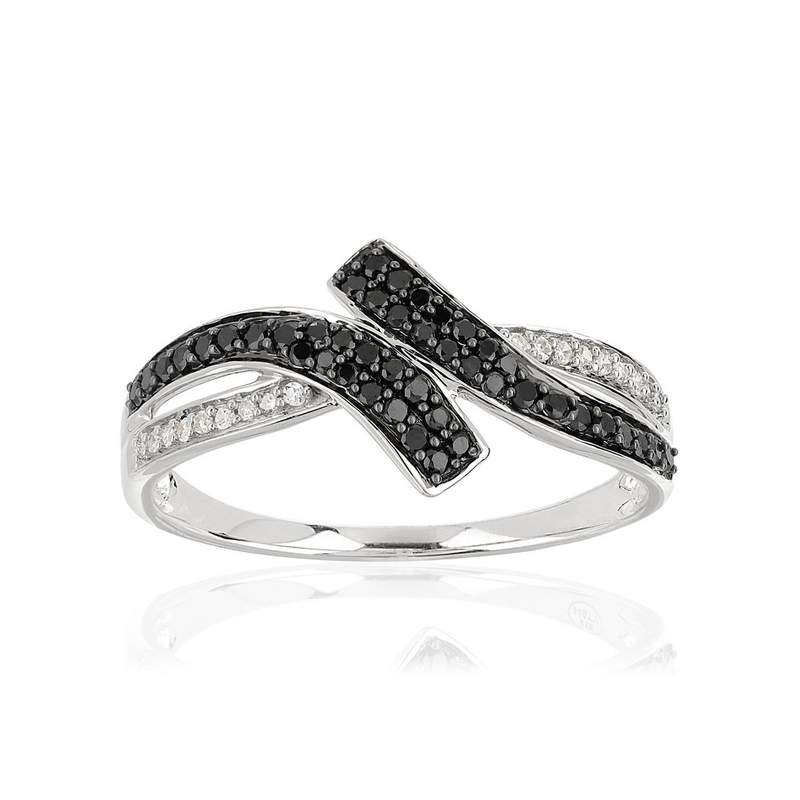 Bague or 375 blanc croisée diamants noirs traités et diamants blancs - vue 1