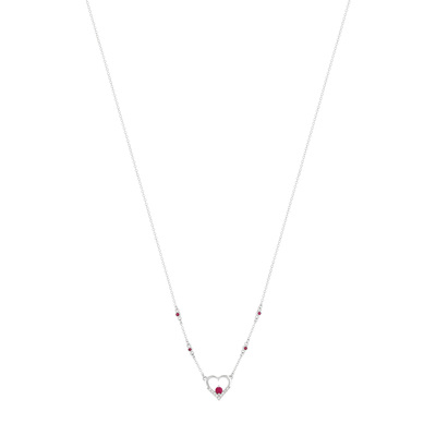 Collier or 375 blanc coeurs rubis et diamants
