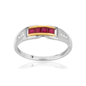 Bague or 375 2 tons rubis carrés et diamants