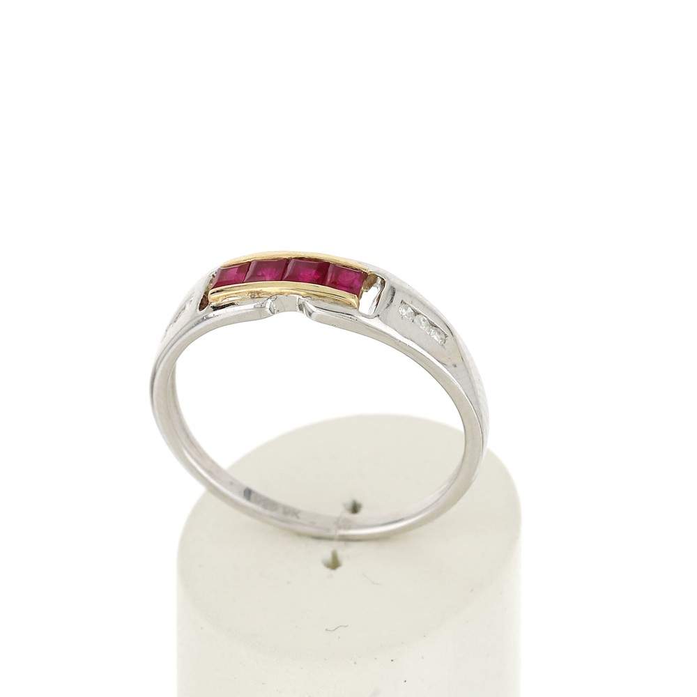 Bague or 375 2 tons rubis carrés et diamants - vue 2