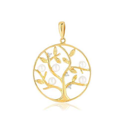 Pendentif or 375 jaune arbre de vie perles de culture de Chine et diamants
