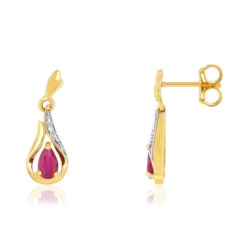 Boucles d'oreilles or 375 2 tons pendants rubis taille poire et diamants