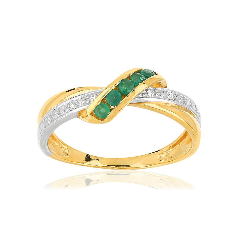 Bague or 375 2 tons entrelacée émeraudes et diamants - vue 1