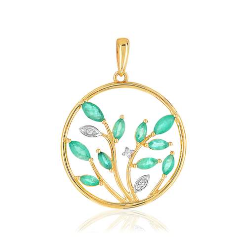 Pendentif or 375 2 tons arbre émeraudes et diamants