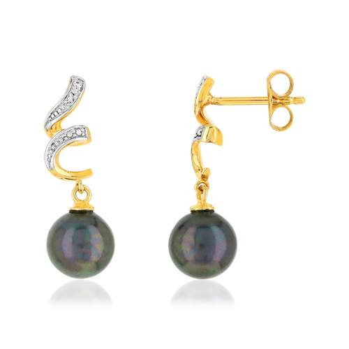 Boucles d'oreilles or 375 2 tons pendants perles de culture de Tahiti et diamants
