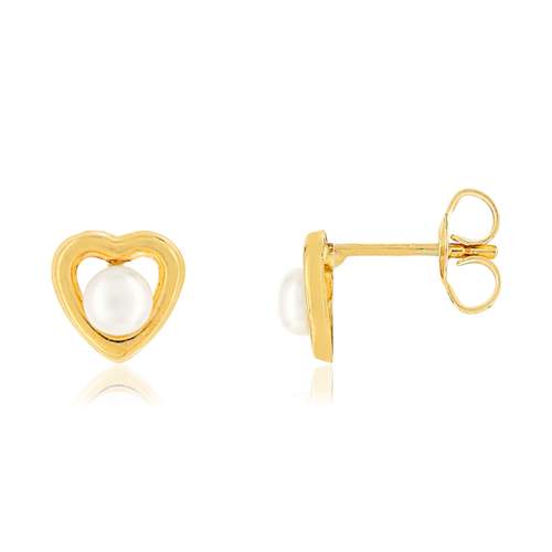 Boucles d'oreilles or 375 jaune coeurs perles de culture de Chine