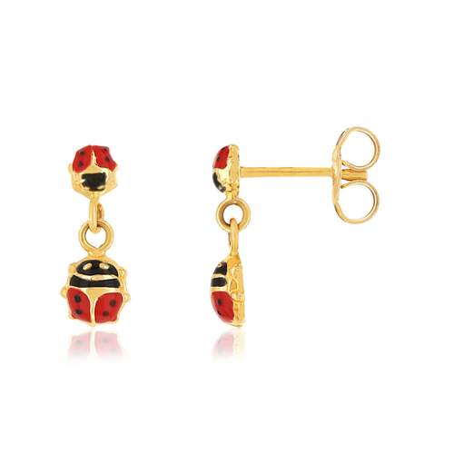 Boucles d'oreilles or 375 jaune coccinelles laque rouge et noire