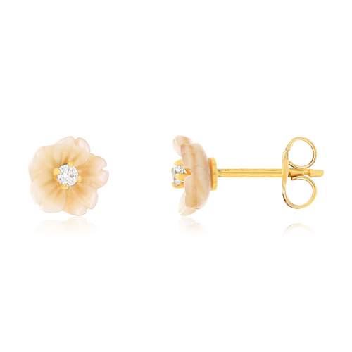 Boucles d'oreilles or jaune 375 fleur nacres roses et zirconias