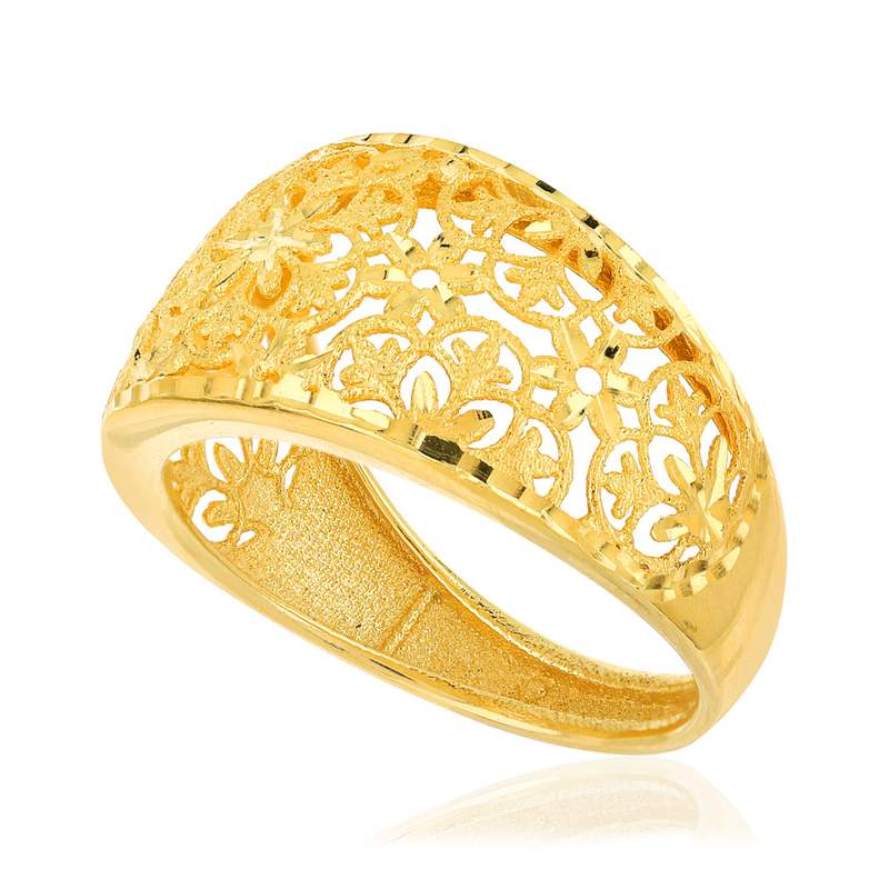 Bague or jaune 375 filigrane fleurs - vue D1