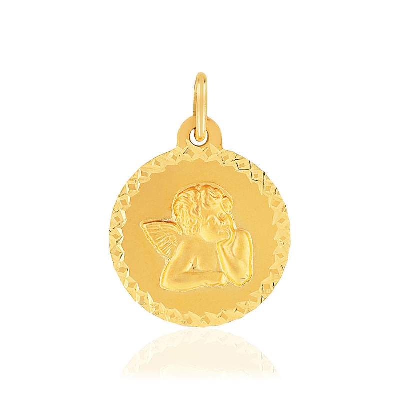 Médaille or 375 jaune mat bord diamanté ange - vue 1