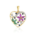 Pendentif or 750 2 tons coeur pierres précieuses et diamants - vue 1