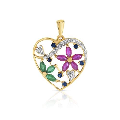 Pendentif or 750 2 tons coeur pierres précieuses et diamants