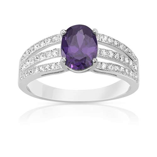 Bague argent 925 zirconia violet ovale et zirconias blancs