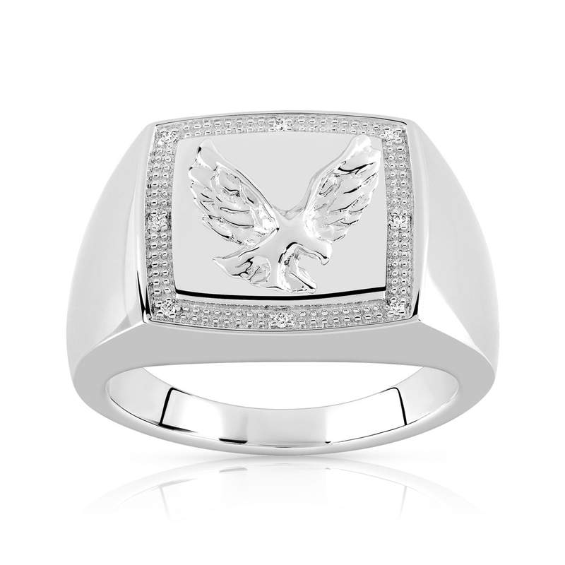 Chevalière argent 925 rectangulaire aigle diamant - vue 1
