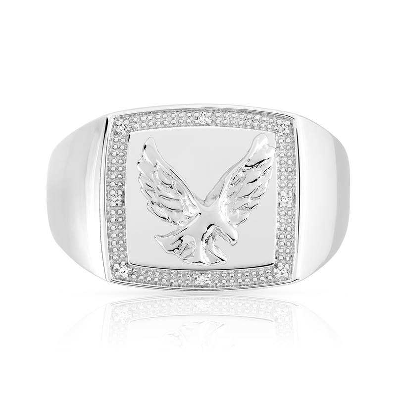 Chevalière argent 925 rectangulaire aigle diamant - vue 3