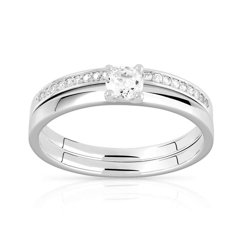 Duo alliance demi-tour solitaire argent 925 zirconias - vue 1