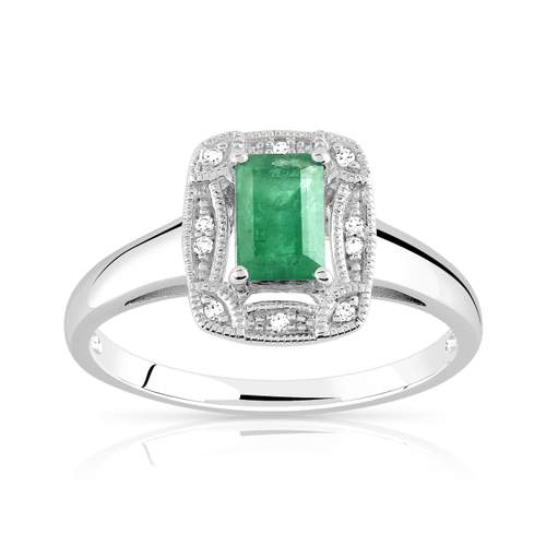 925 zilveren rechthoekige smaragd en diamanten ring
