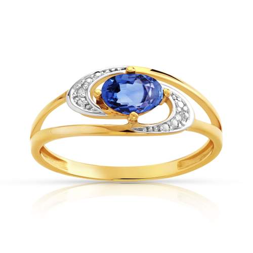 Bague or 750 2 tons ajourée saphir ovale et diamants