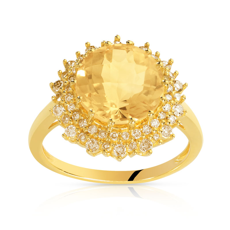 Bague or 750 jaune soleil citrine et diamants ambrés