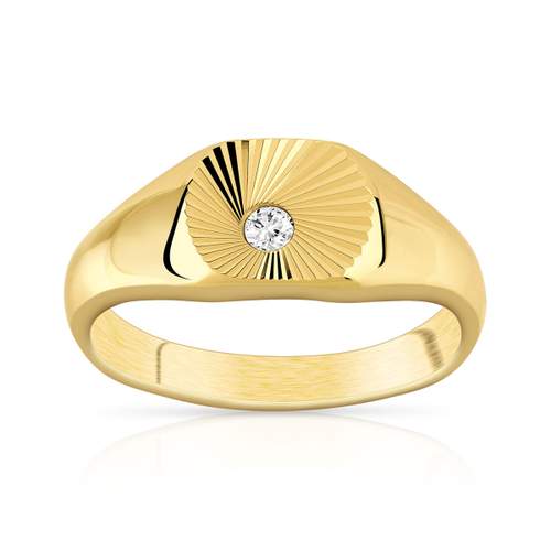 Gold-plated signet ring with a ribbed design and zirconia