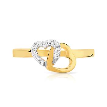 Vergulde ring met twee kleuren en verstrengelde hartjes met zirkonia's