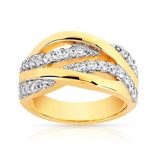 2-tone gold-plated ring interlaced with zirconias