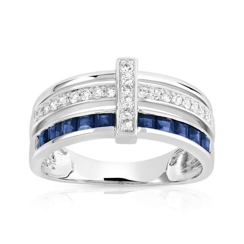 750 white gold triple ring with square sapphires and diamonds