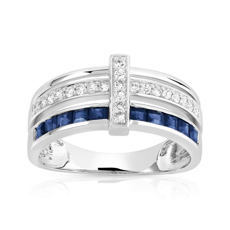 Bague or 750 blanc triple anneau saphirs carrés et diamants - vue 1